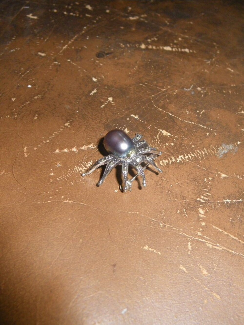 Women’s Vintage Sterling Spider Pin Brooch w/ Marcasite & Black Pearl Gemstones